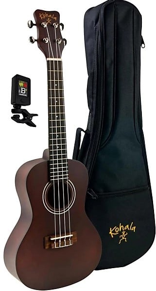 Kohala KPP-S Soprano Ukulele Pack, Includes Padded Gig Bag and Clip-on Tuner Package - Brown