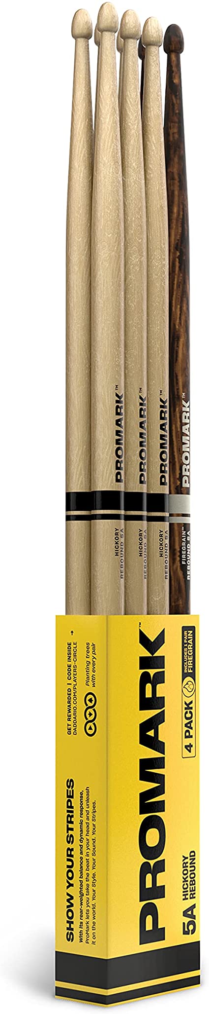 Promark RBH565AW-4PFG Rebound 5A Hickory Firegrain (Wood Tip) - 4 pack