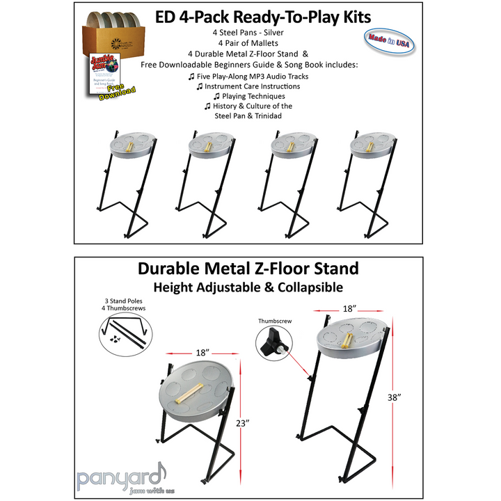 Jumbie Jam Steel Drum Educators 4-Pack - Metal Z-Floor Stands - Silver Pans (G)