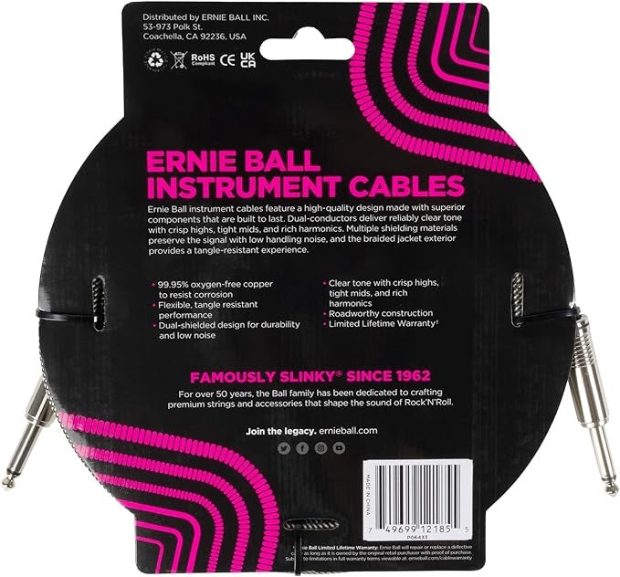 Ernie Ball 18ft Straight/Straight Braided Instrument Cable - Silver Fox