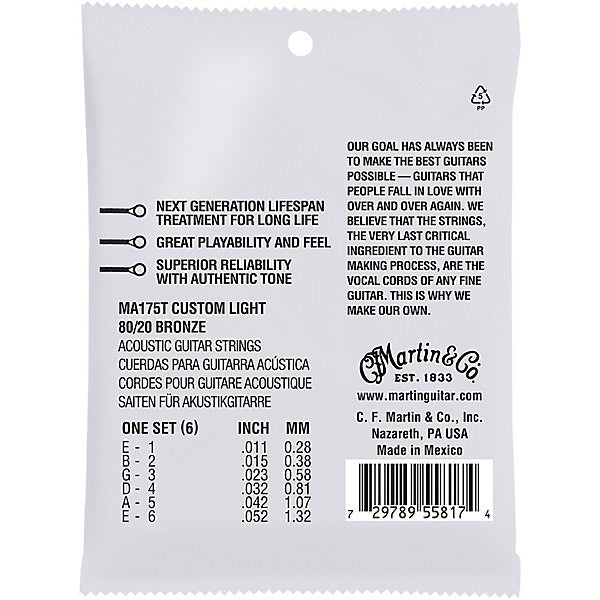 Martin MA175T Lifespan 2.0 80/20 Bronze Authentic Acoustic Guitar Strings - Custom Light