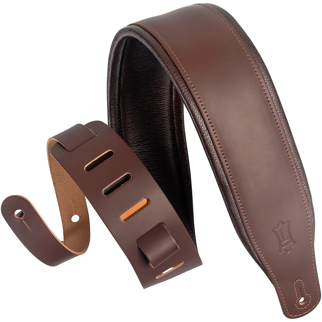 Levy M26PD-DBR_DBR 3 inch Top Grain Leather Guitar Strap in Dark Brown With Foam Wrapped