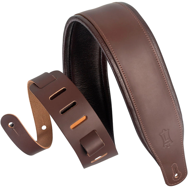 Levy M26PD-DBR_DBR 3 inch Top Grain Leather Guitar Strap in Dark Brown With Foam Wrapped