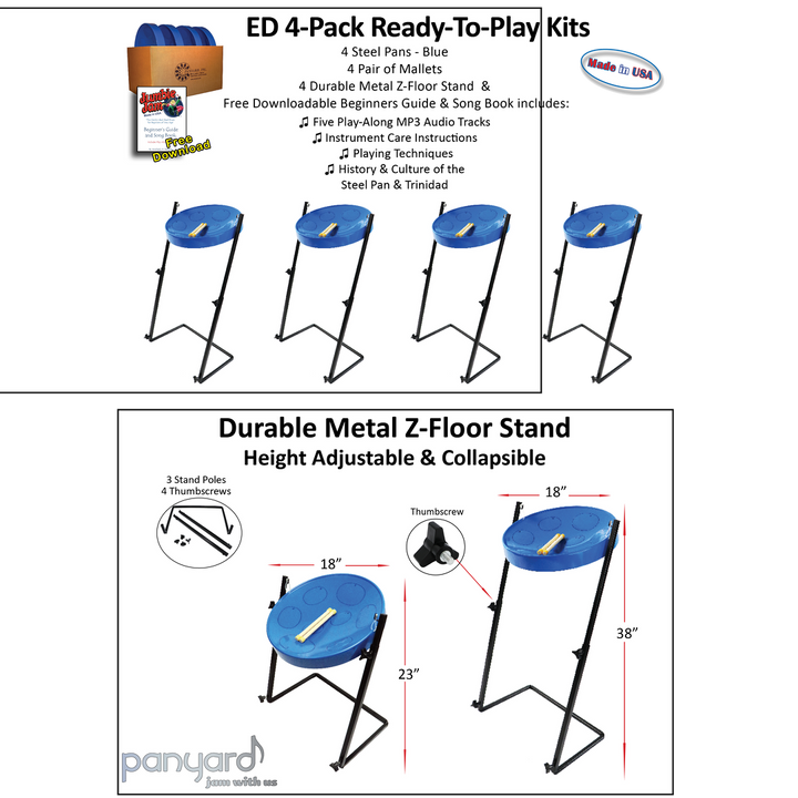 Jumbie Jam Steel Drum Educators 4-Pack - Metal Z-Floor Stands - Blue Pans (G) 2