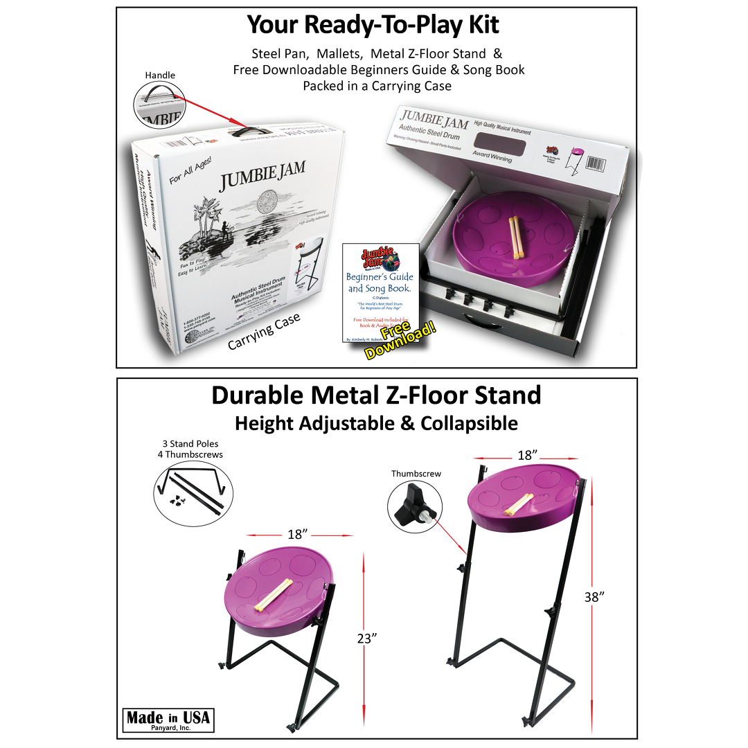 Jumbie Jam Steel Drum Kit - Metal Z-Floor Stand - Purple Pan (G)