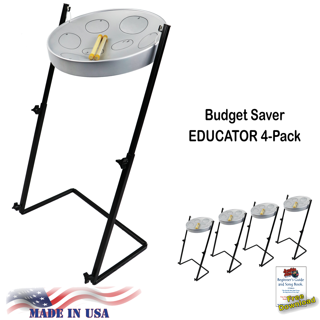 Jumbie Jam Steel Drum Educators 4-Pack - Metal Z-Floor Stands - Silver Pans (G)