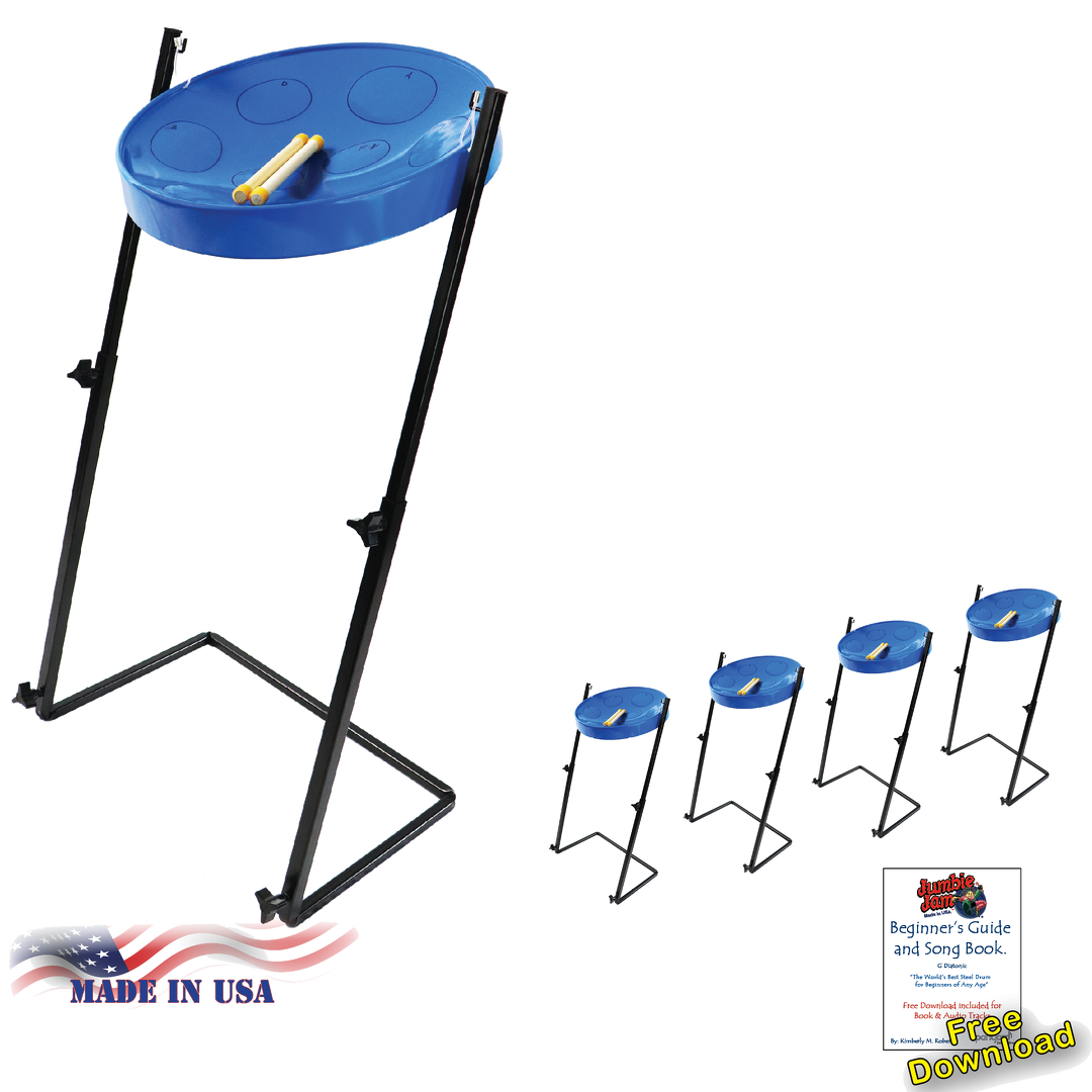 Jumbie Jam Steel Drum Educators 4-Pack - Metal Z-Floor Stands - Blue Pans (G)