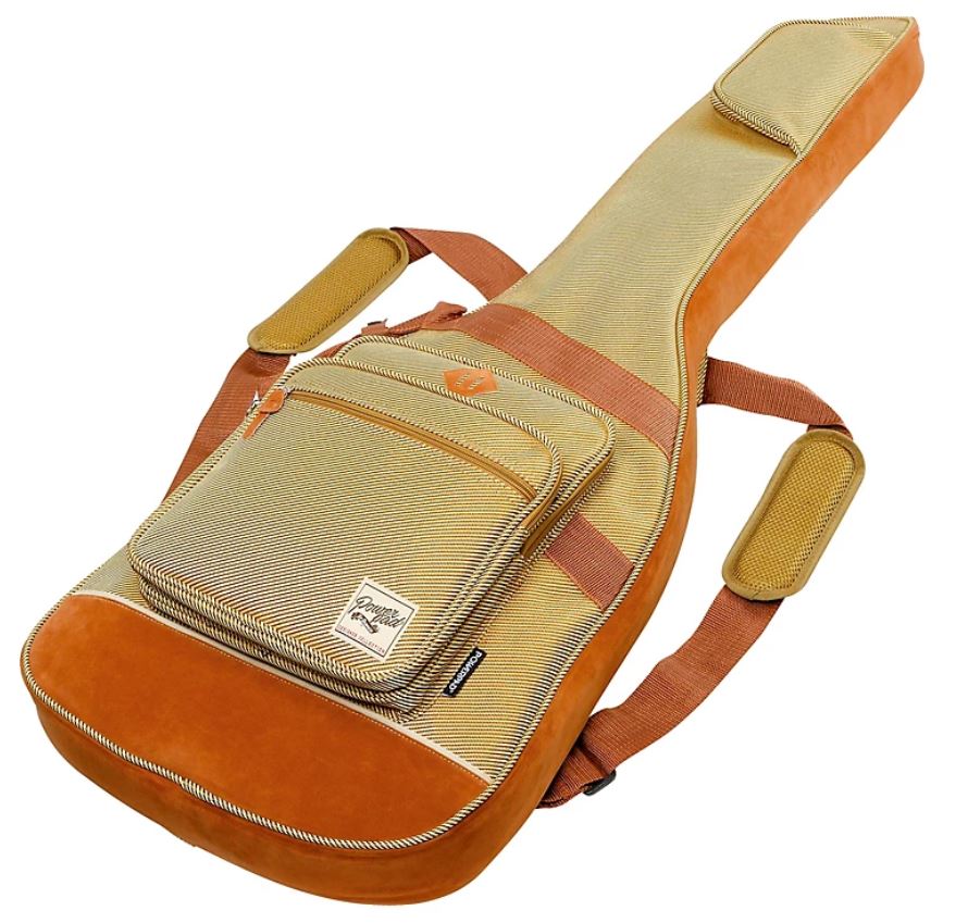 Beige and brown guitar case with a visible brand logo on a white background