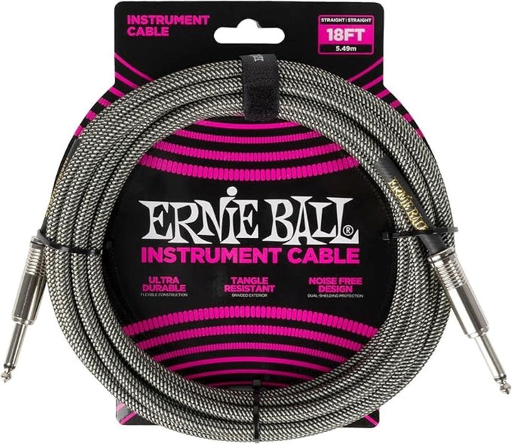 Ernie Ball 18ft Straight/Straight Braided Instrument Cable - Silver Fox