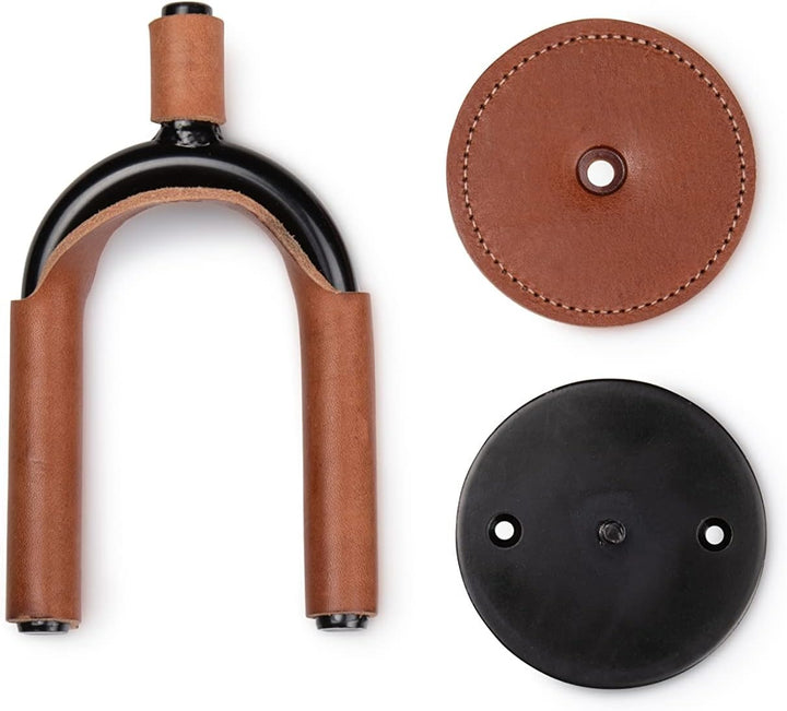 Levy LVY-FGHNGR-BKTN Forged Steel Guitar Hanger - Black Metal With Tan Leather Wraps
