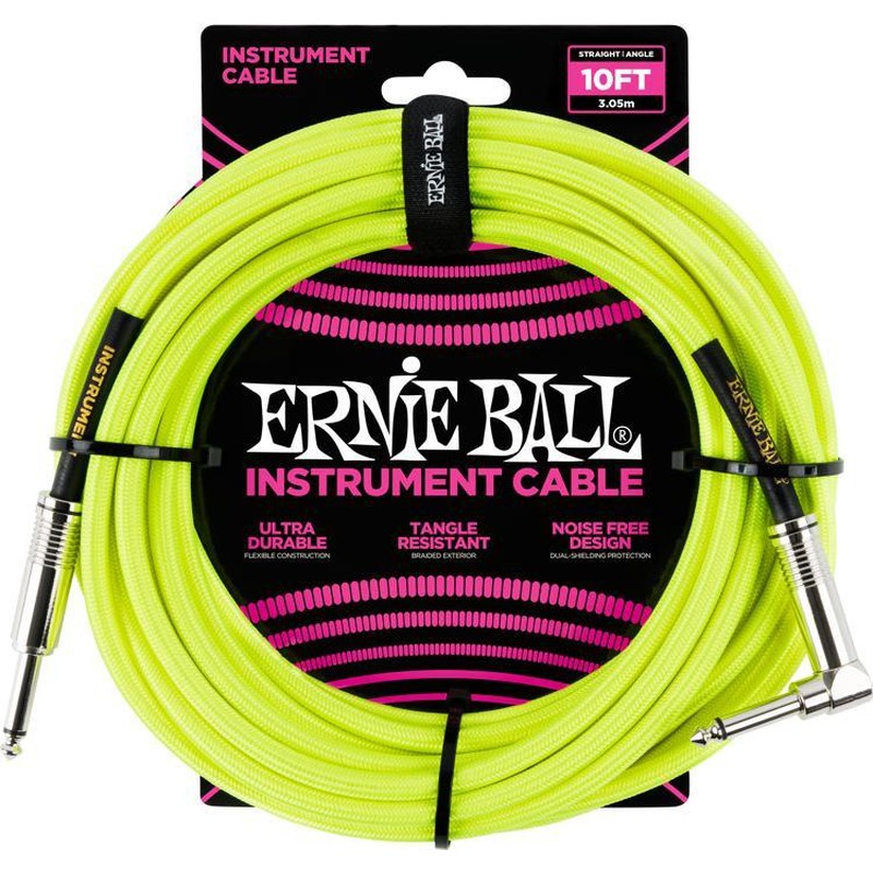 Ernie Ball 6080 10' Braided Cable w/Right Angle (Neon Yellow)