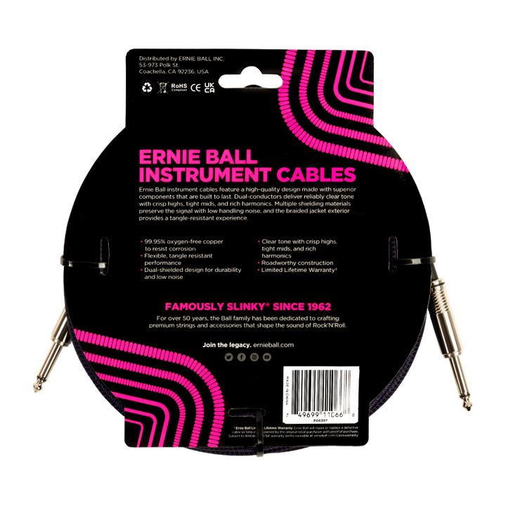 Ernie Ball 25' Braided Straight to Straight Instrument Cable - Purple/Black 2