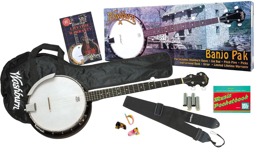Washburn B8K-A-U Banjo Pack - Includes Gigbag, Strap, Pitchpipe, Picks and Book!