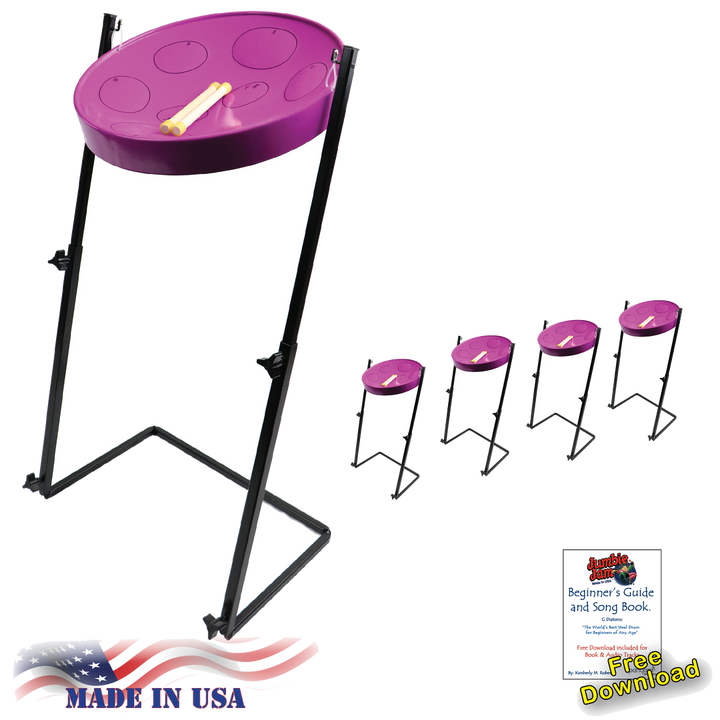 Jumbie Jam Steel Drum Educators 4-Pack - Metal Z-Floor Stands - Purple Pans (G)