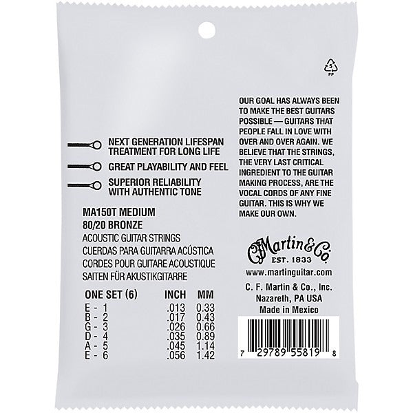 Martin MA150T Lifespan 2.0 80/20 Bronze Authentic Acoustic Guitar Strings - Medium