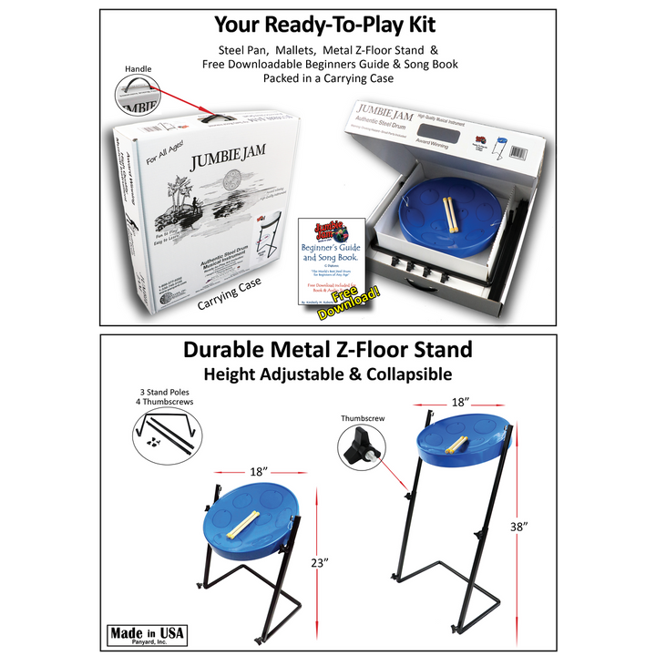 Jumbie Jam Steel Drum Kit - Metal Z-Floor Stand - Blue Pan (G) 2