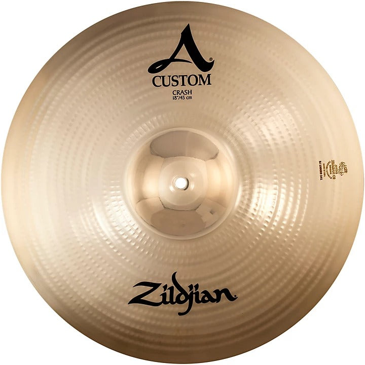 Zildjian cymbal with 'A Custom' and 'Crash' labels on a white background