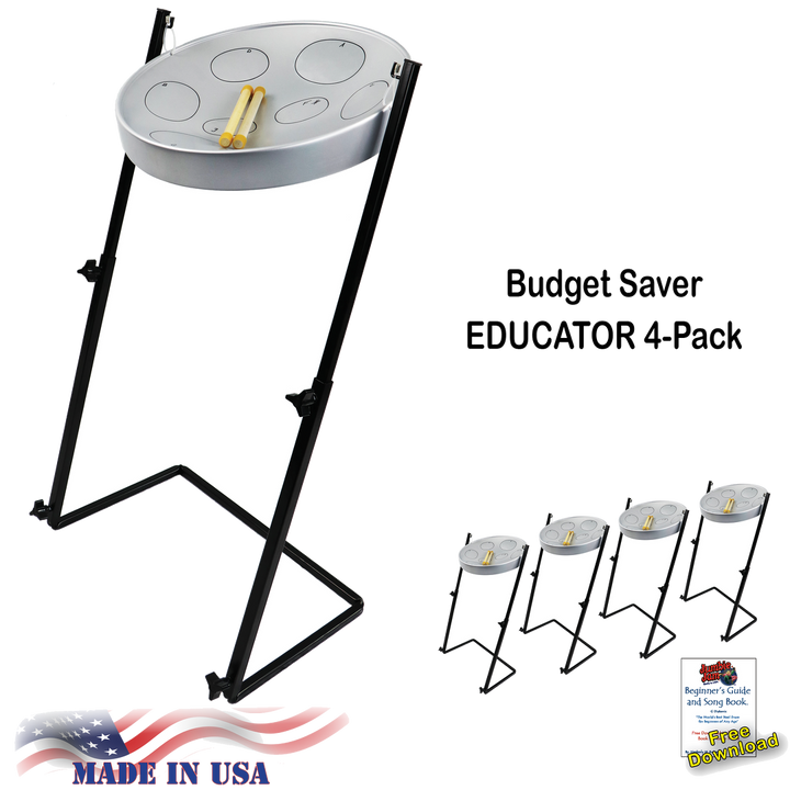 Jumbie Jam Steel Drum Educators 4-Pack - Metal Z-Floor Stands - Silver Pans (G)
