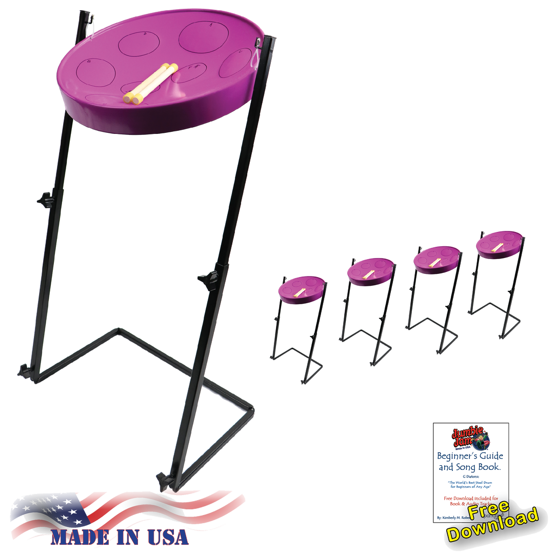 Jumbie Jam Steel Drum Educators 4-Pack - Metal Z-Floor Stands - Purple Pans (G)