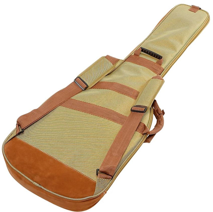 Beige and brown guitar case with straps on a white background