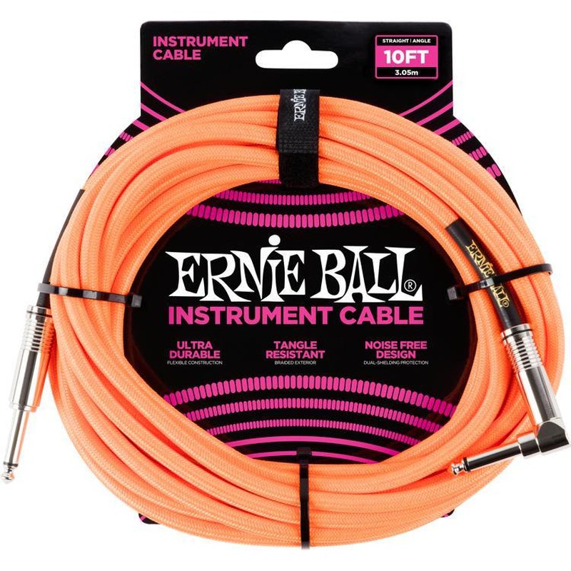 Ernie Ball 6079 10' Braided Cable w/Right Angle (Neon Orange)