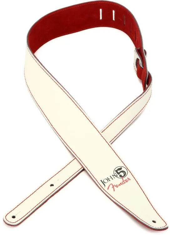 Fender John 5 Leather Guitar Strap - Arctic White & Red Suede