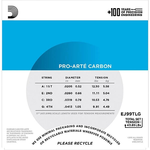 D'Addario EJ99TLG Pro-Arte Carbon Tenor Low G Ukulele Strings 3