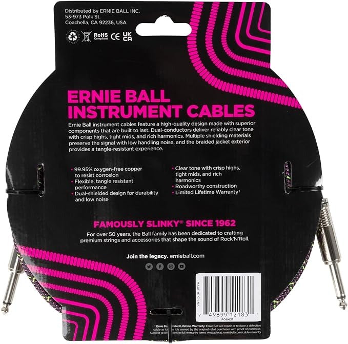 Ernie Ball 18ft Straight/Straight Braided Instrument Cable - Purple Python