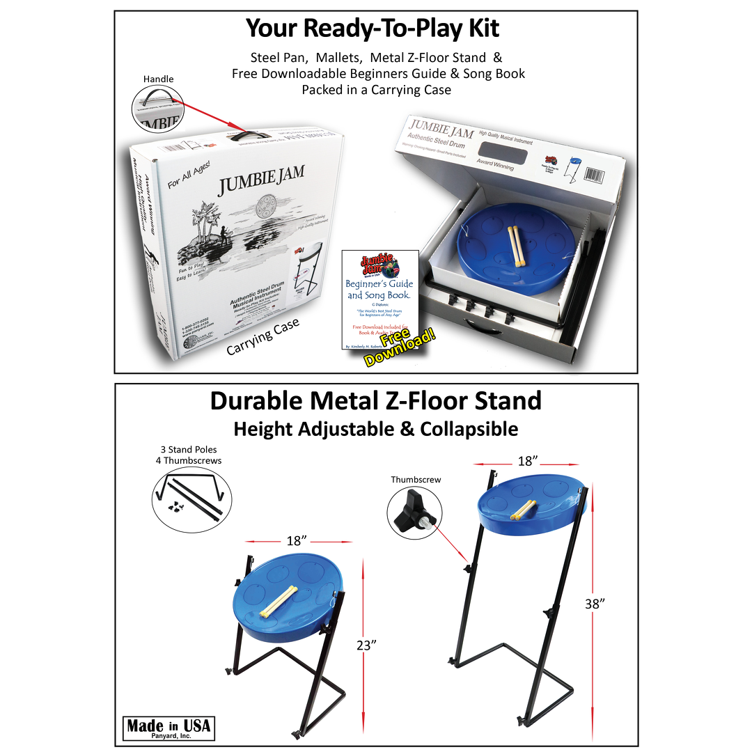Jumbie Jam Steel Drum Kit - Metal Z-Floor Stand - Blue Pan (G)