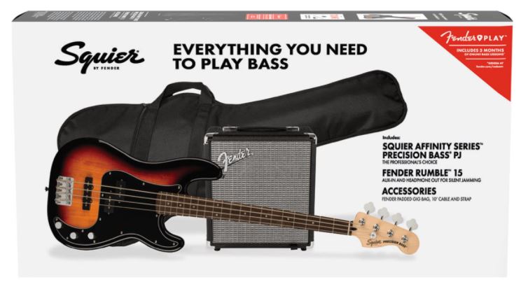 Squier Affinity Pbass PJ Bass Guitar Pack Laurel Neck 3-Color Sunburst