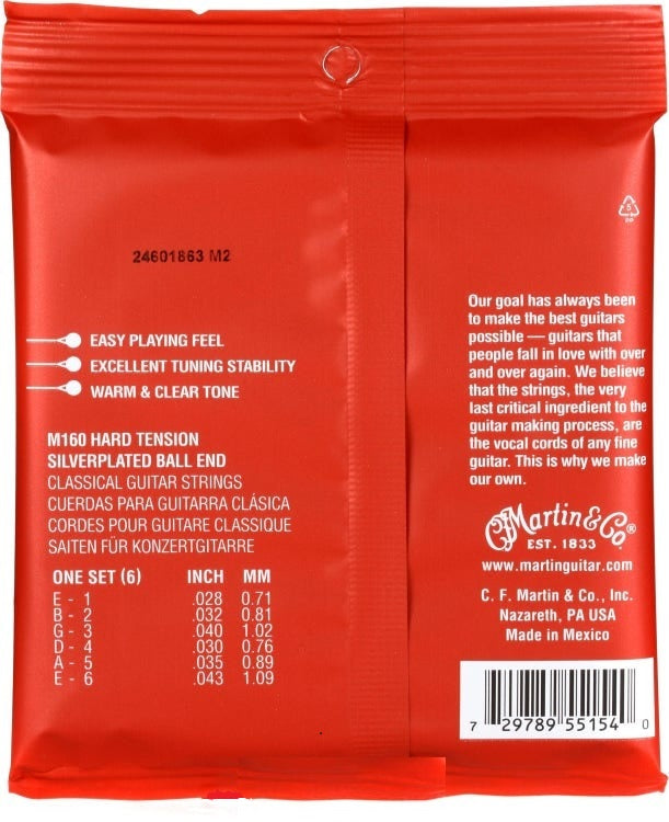 Martin M160 Classical Silver-Plated Ball End Nylon Strings - Hard Tension