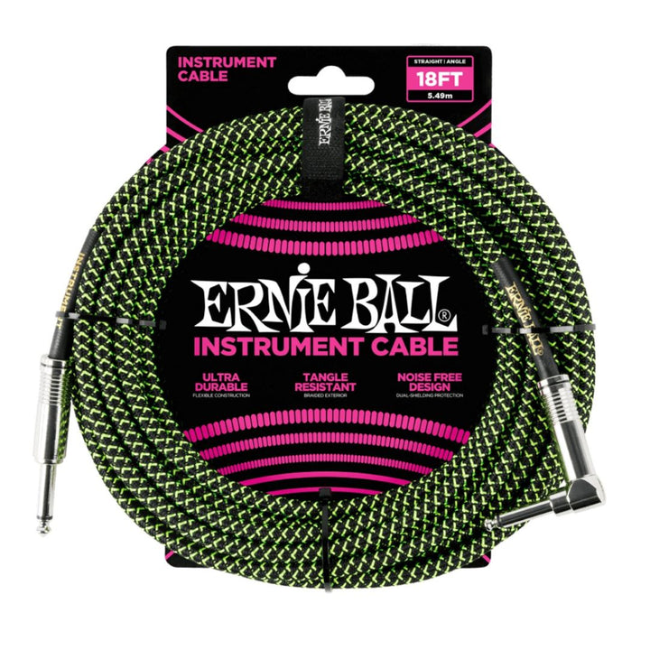 Ernie Ball 18ft Straight/Angle Braided Instrument Cable - Black/Green
