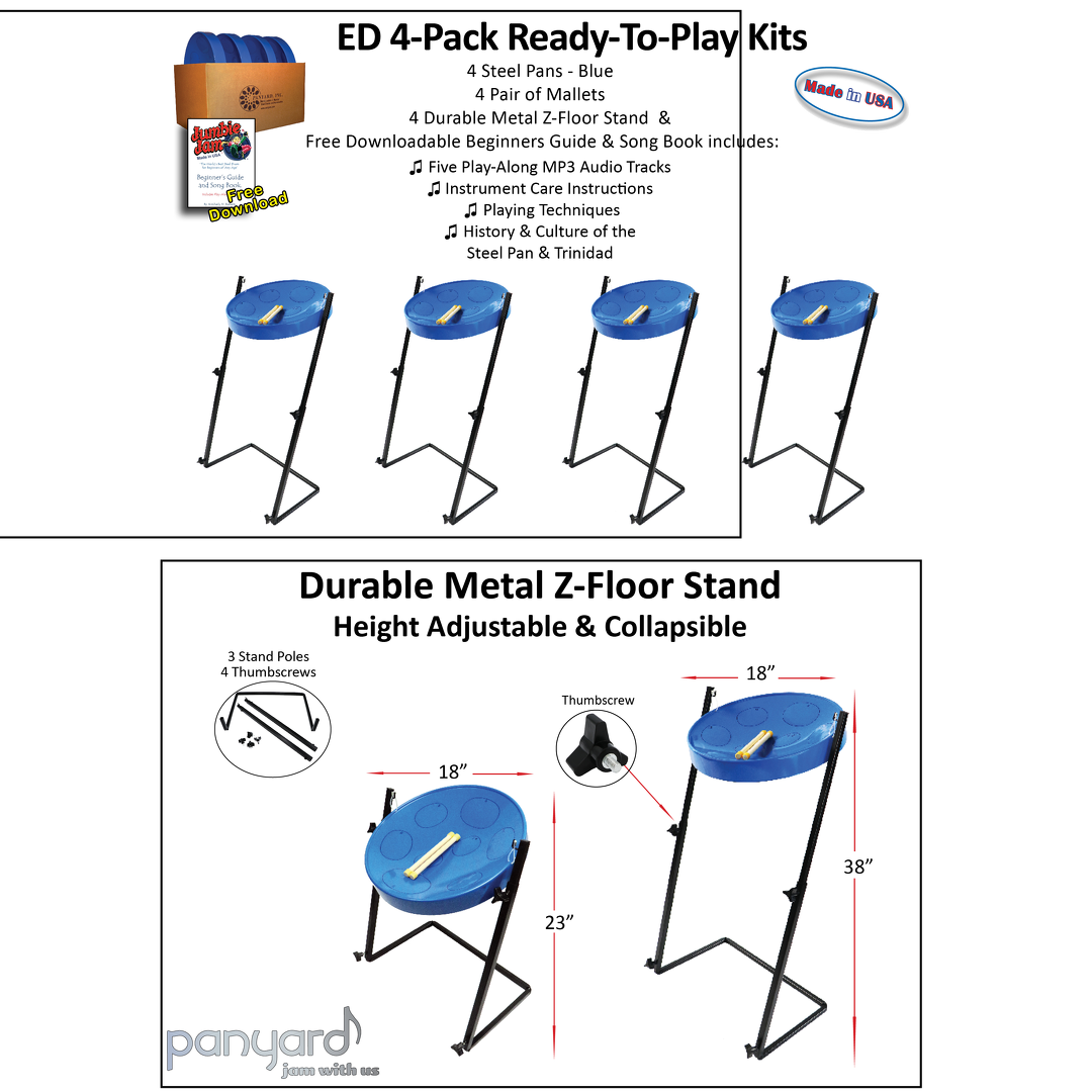 Jumbie Jam Steel Drum Educators 4-Pack - Metal Z-Floor Stands - Blue Pans (G) 2