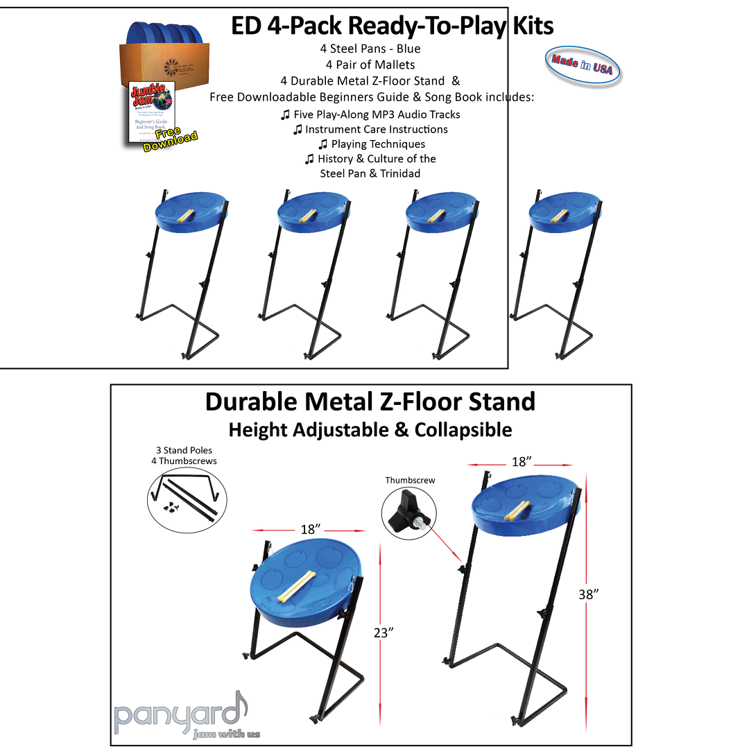 Jumbie Jam Steel Drum Educators 4-Pack - Metal Z-Floor Stands - Blue Pans (G)