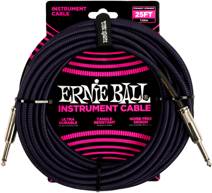 Ernie Ball 25' Braided Straight to Straight Instrument Cable - Purple/Black
