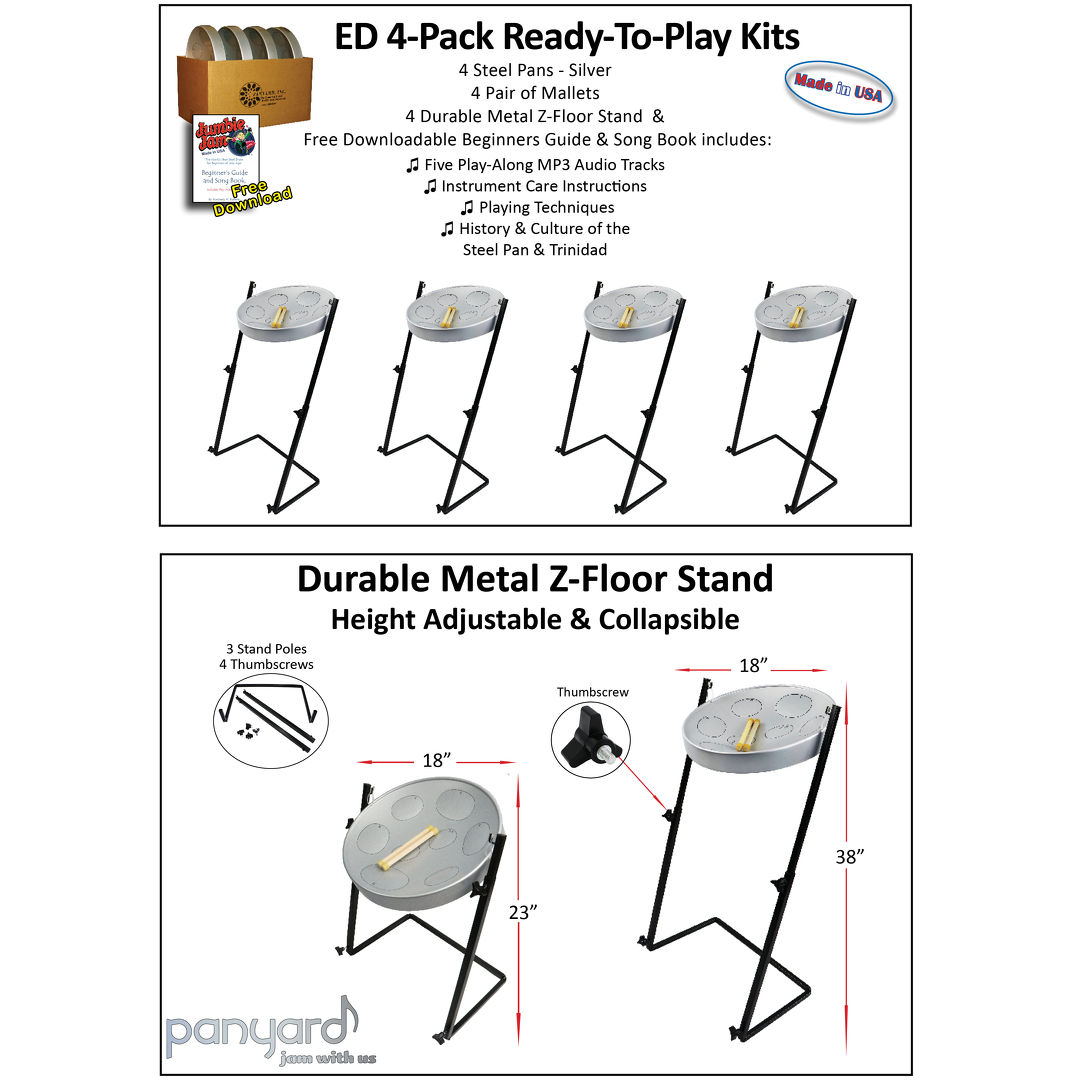 Jumbie Jam Steel Drum Educators 4-Pack - Metal Z-Floor Stands - Silver Pans (G) 2