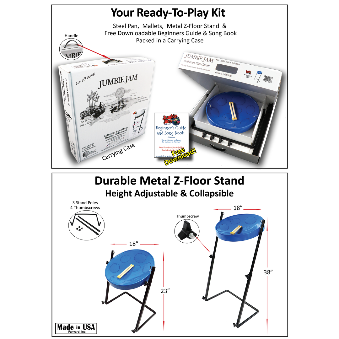 Jumbie Jam Steel Drum Kit - Metal Z-Floor Stand - Blue Pan (G) 3