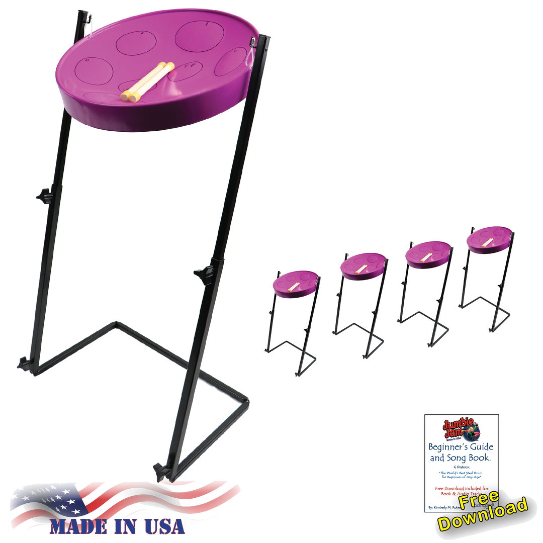 Jumbie Jam Steel Drum Educators 4-Pack - Metal Z-Floor Stands - Purple Pans (G)