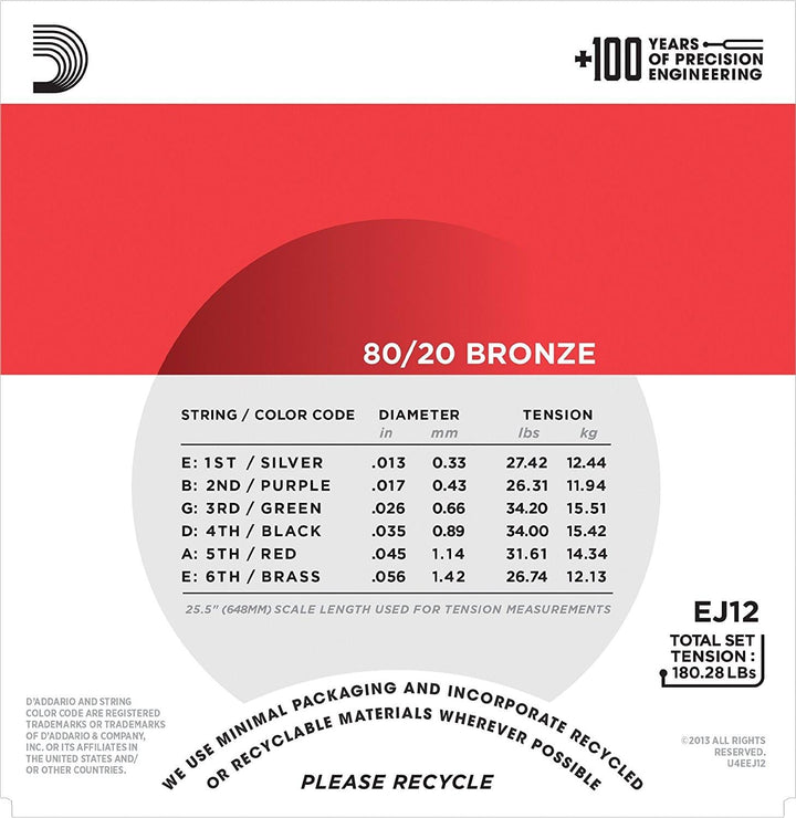 D'Addario EJ12 80/20 Acoustic Guitar Strings Medium (13-56) 2