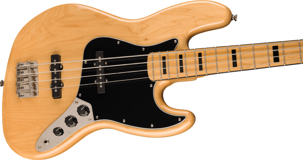 Electric bass guitar with a natural wood finish on a white background