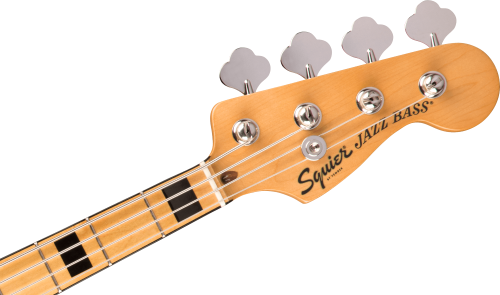 Close-up of a Squier Jazz Bass guitar headstock on a white background