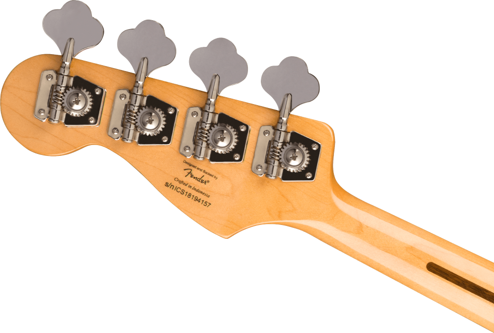 Close-up of a guitar's tuning pegs with Fender logo on a white background