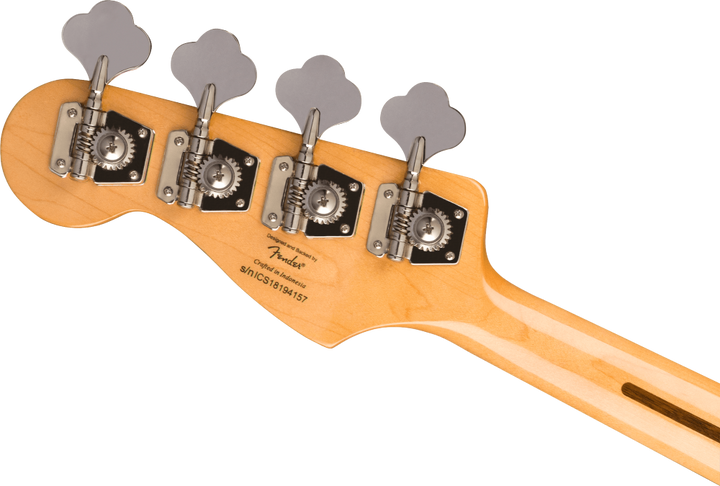 Close-up of a guitar's tuning pegs with Fender logo on a white background