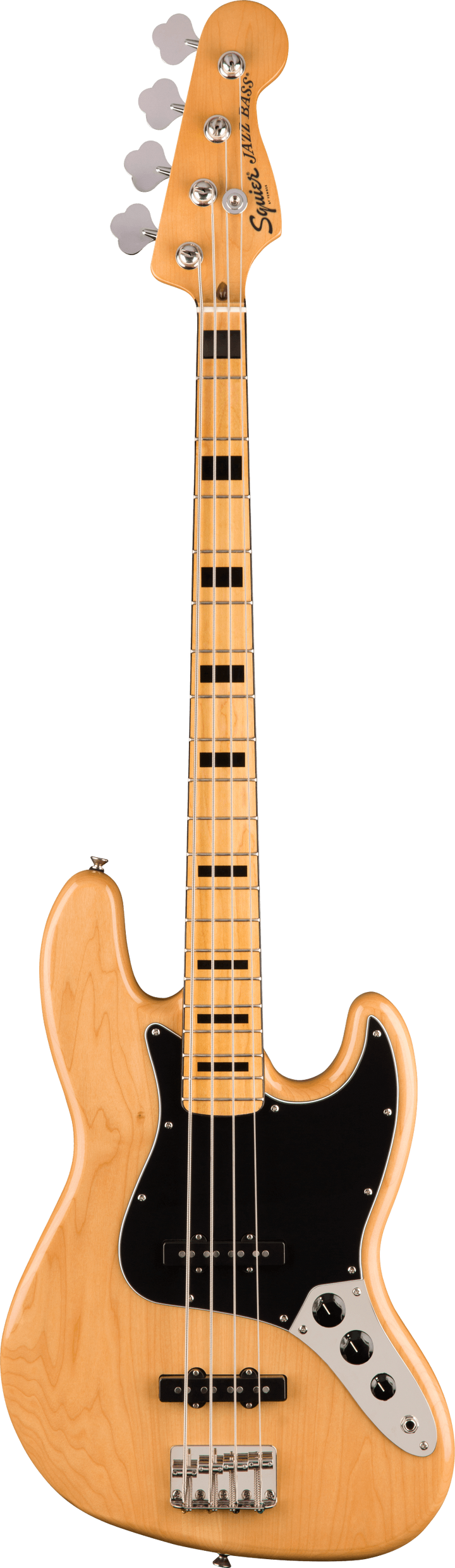 Electric bass guitar with a natural wood finish on a white background